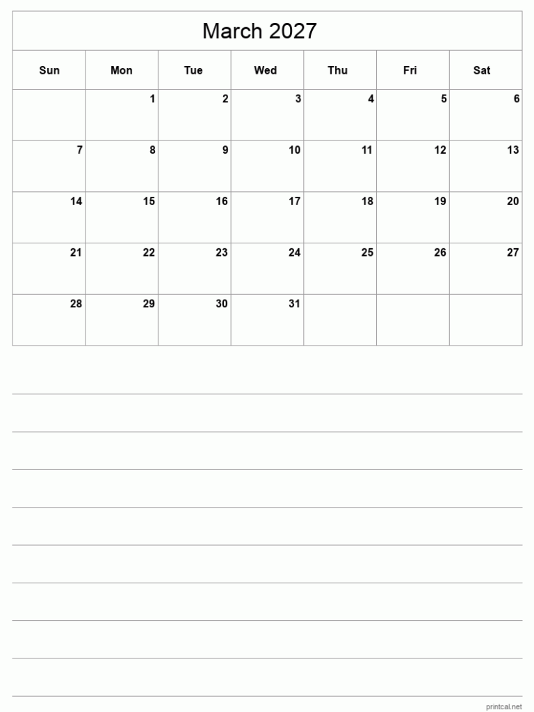 Printable March 2027 Calendar Free Printable Calendars