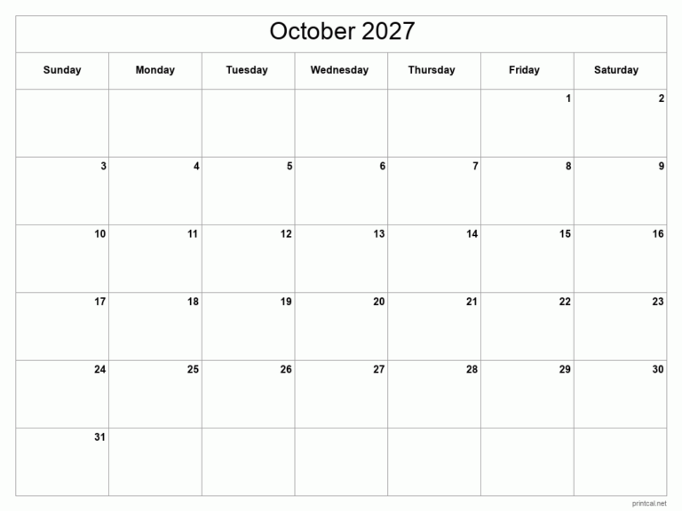 Printable October 2027 Calendar Free Printable Calendars