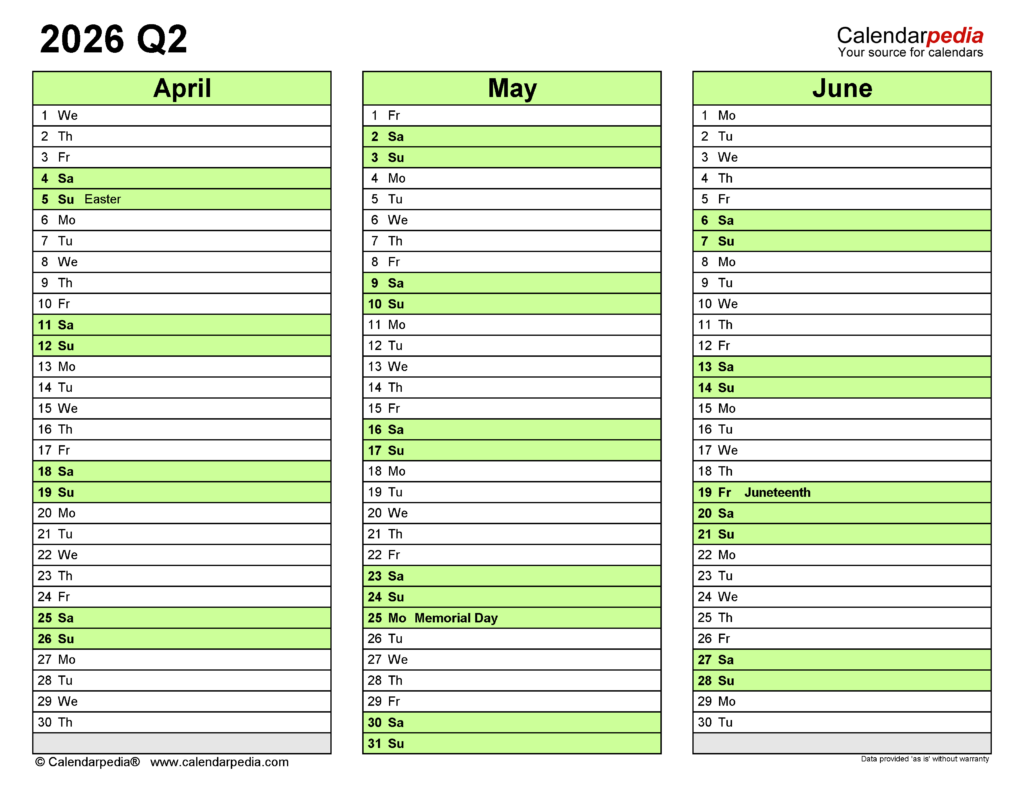 Quarterly Calendars 2026 Free Printable PDF Templates