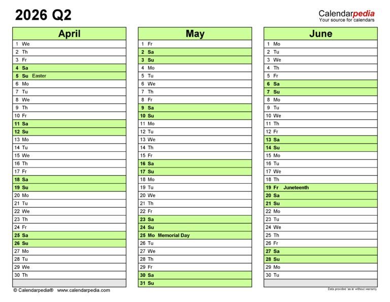 Quarterly Calendars 2026 Free Printable PDF Templates