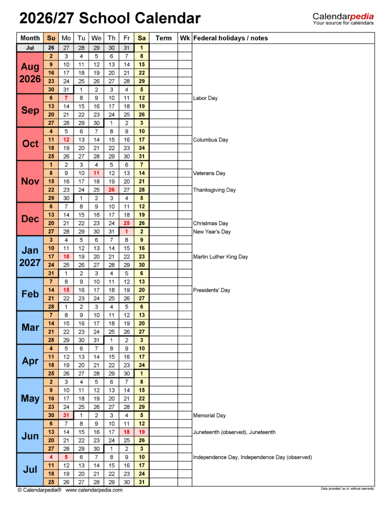 School Calendars 2026 2027 Free Printable PDF Templates