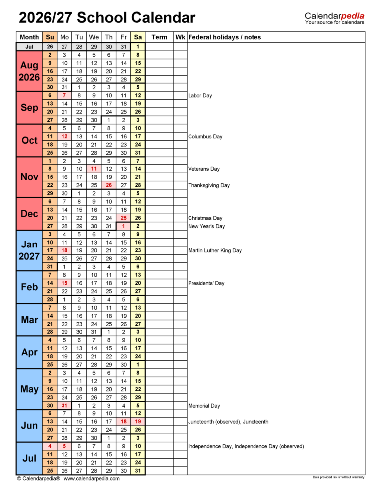 School Calendars 2026 2027 Free Printable PDF Templates