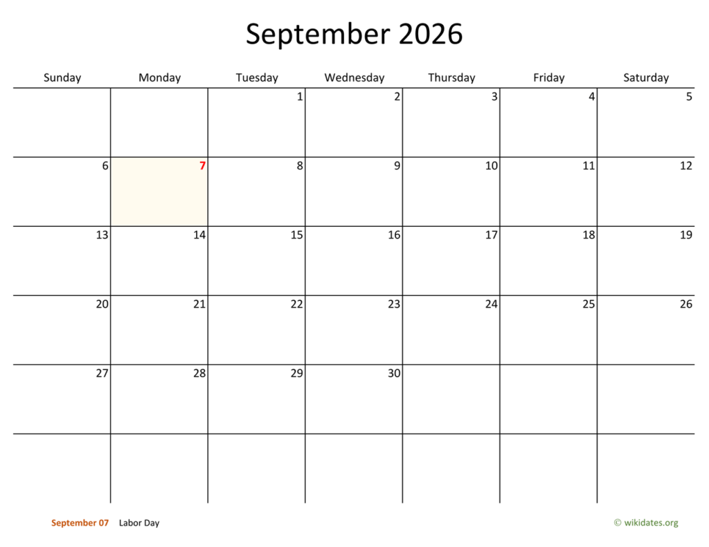 September 2026 Calendar With Bigger Boxes WikiDates