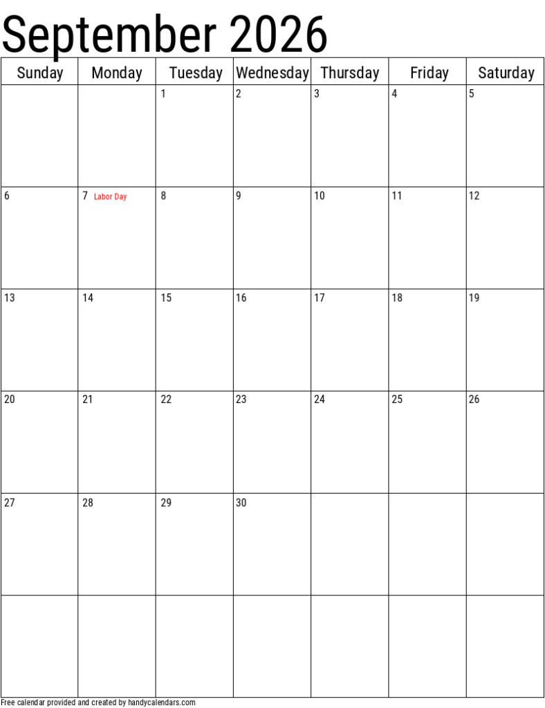 September 2026 Vertical Calendar With Holidays Handy Calendars