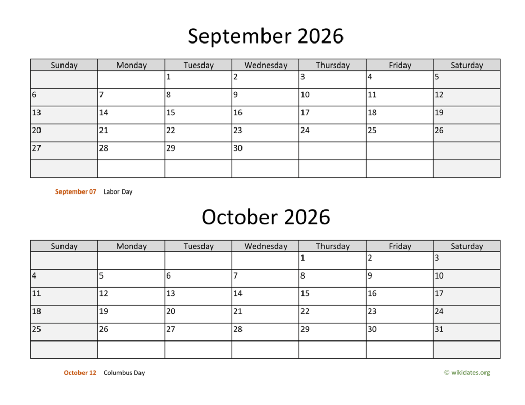 September And October 2026 Calendar WikiDates