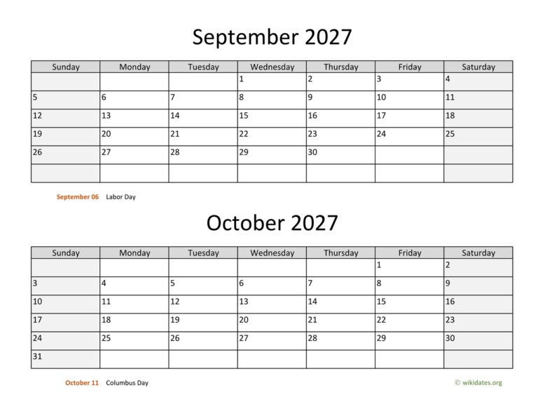 September And October 2027 Calendar WikiDates