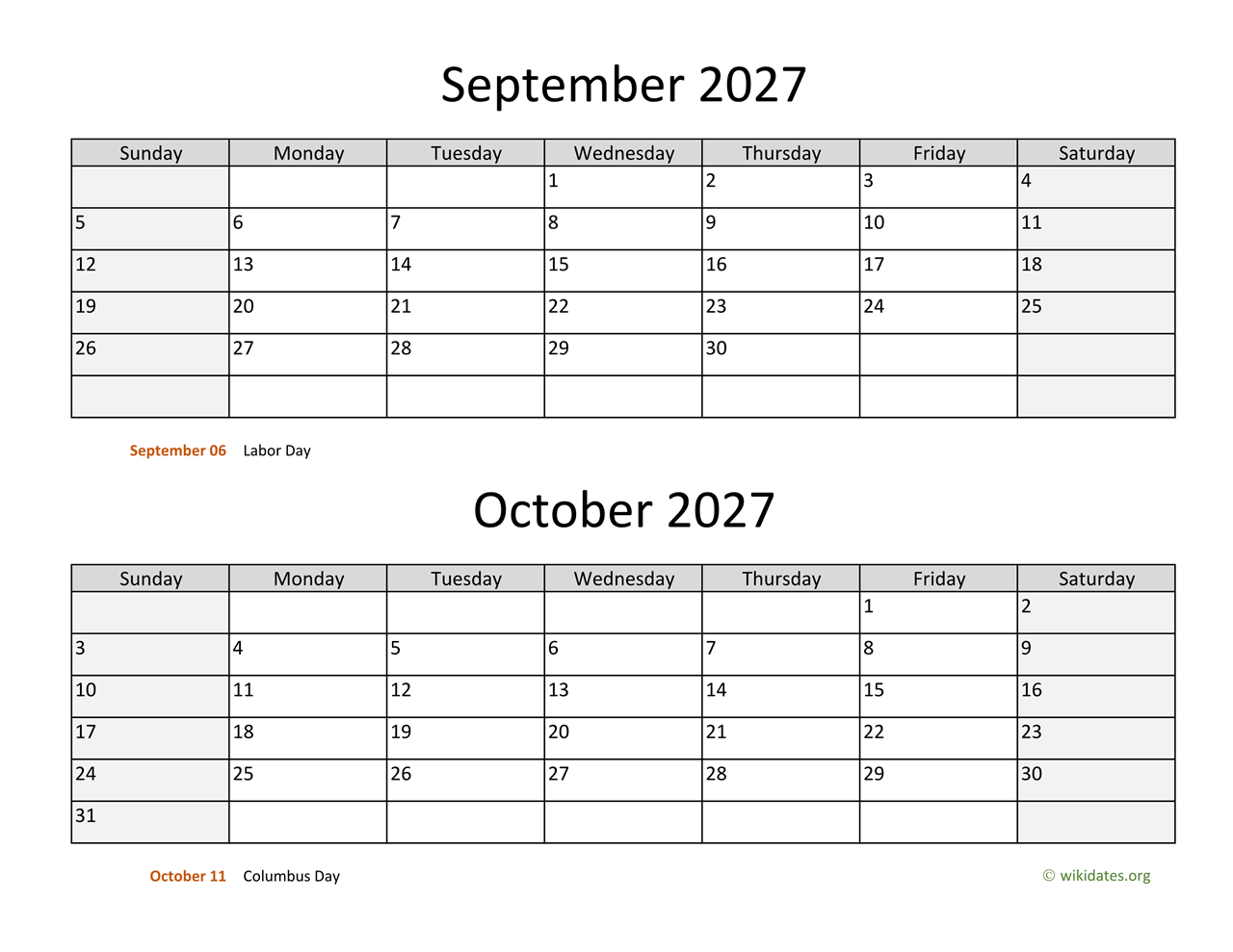 September And October 2027 Calendar WikiDates