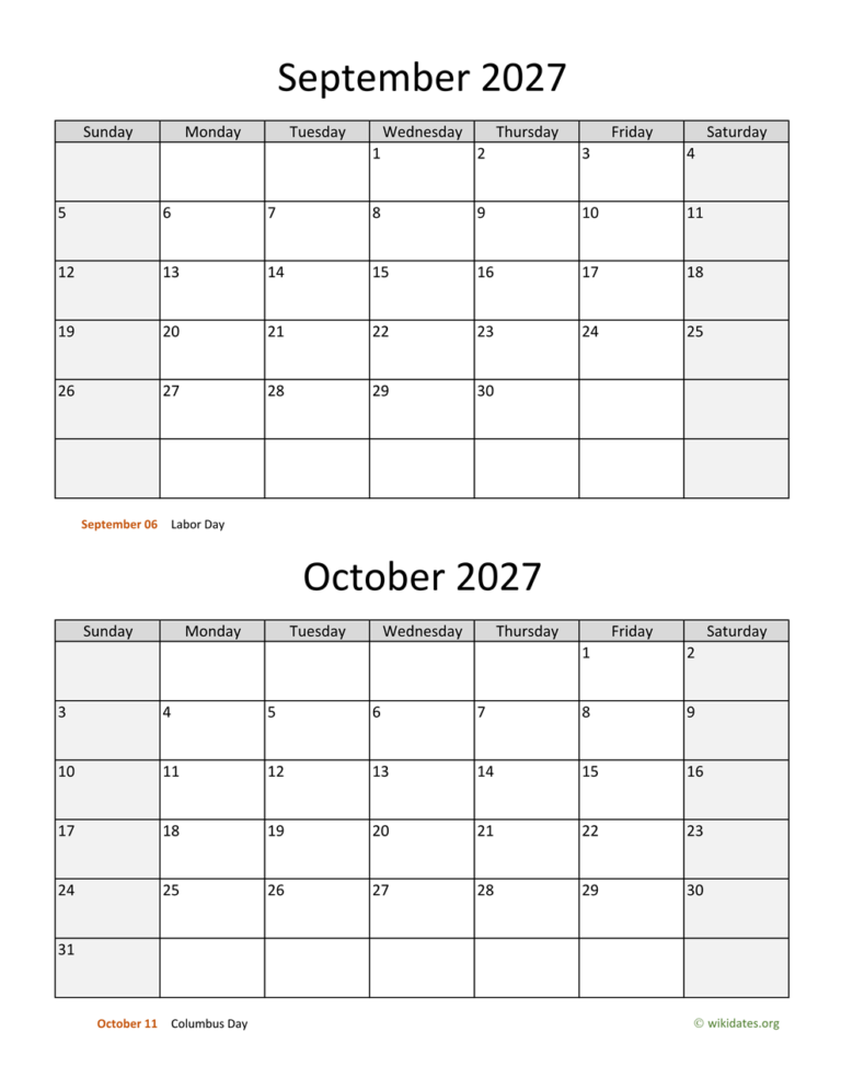 September And October 2027 Calendar WikiDates