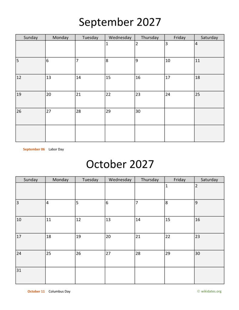 September And October 2027 Calendar WikiDates