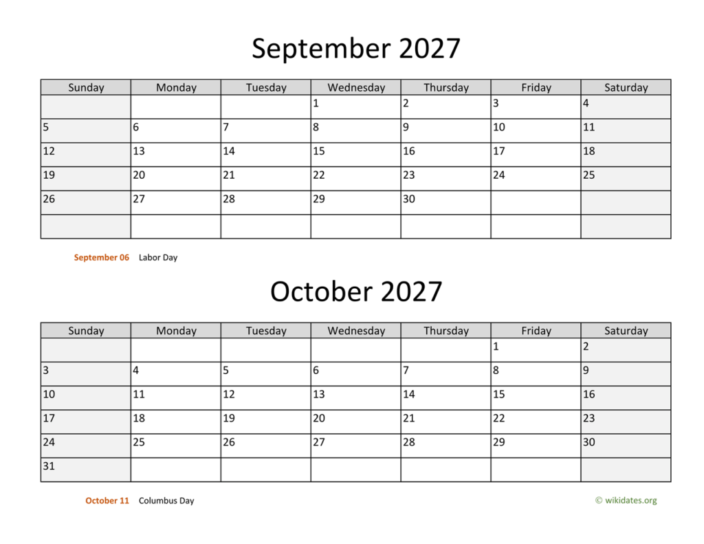 September And October 2027 Calendar WikiDates