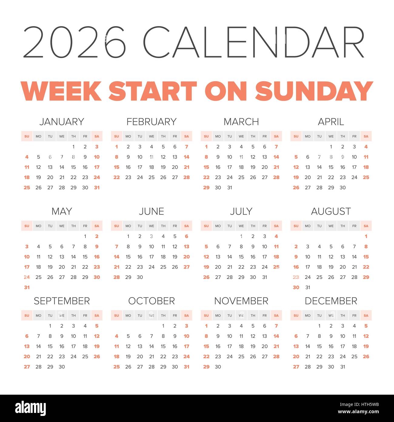 Simple 2026 Year Calendar Week Starts On Monday Stock Vector Image