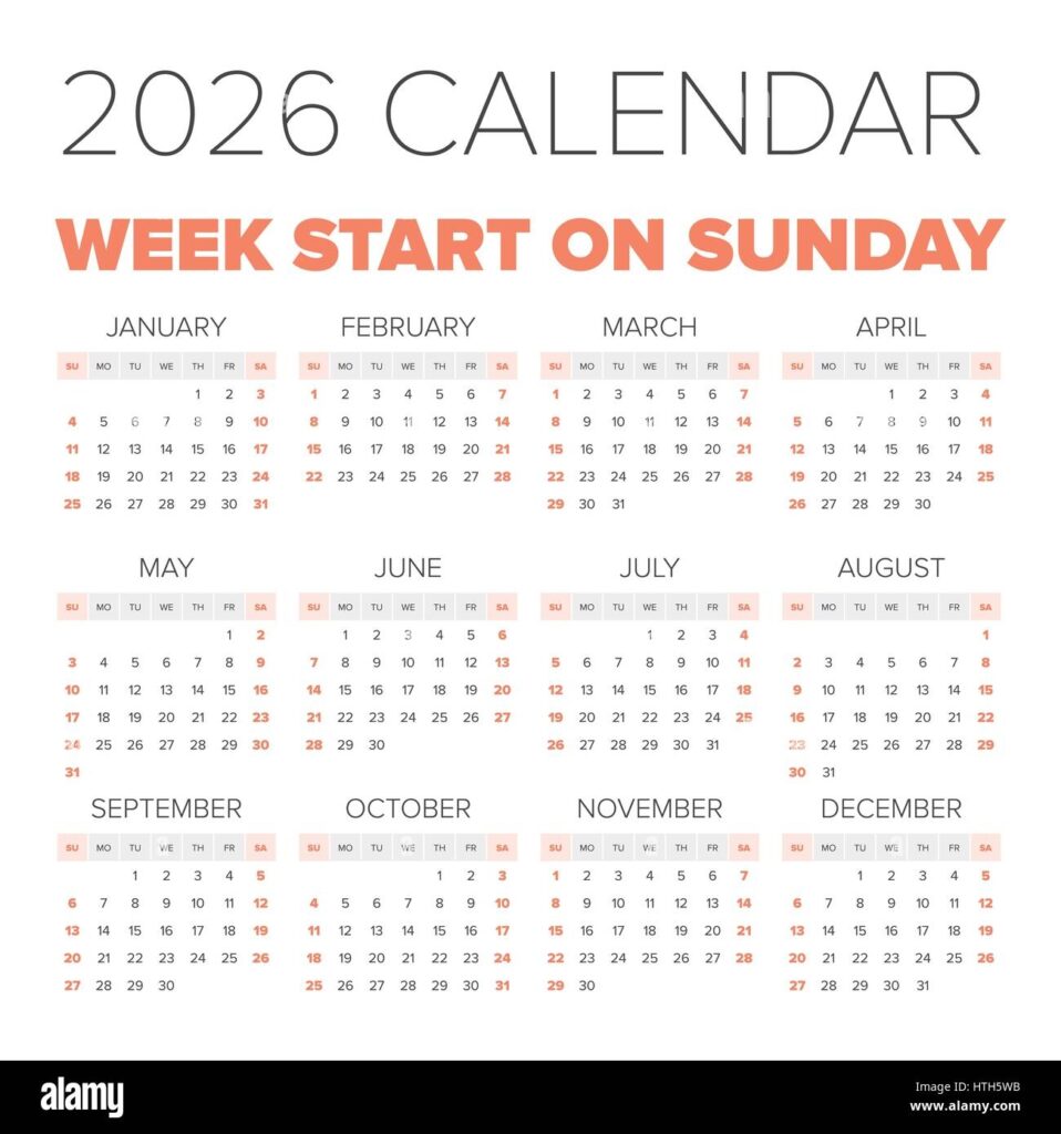 Simple 2026 Year Calendar Week Starts On Monday Stock Vector Image 