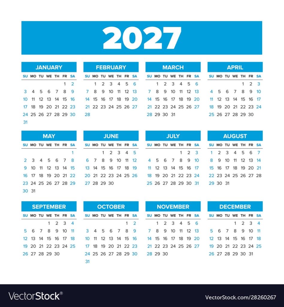 Simple Calendar 2027 Weeks Start On Sunday Vector Image