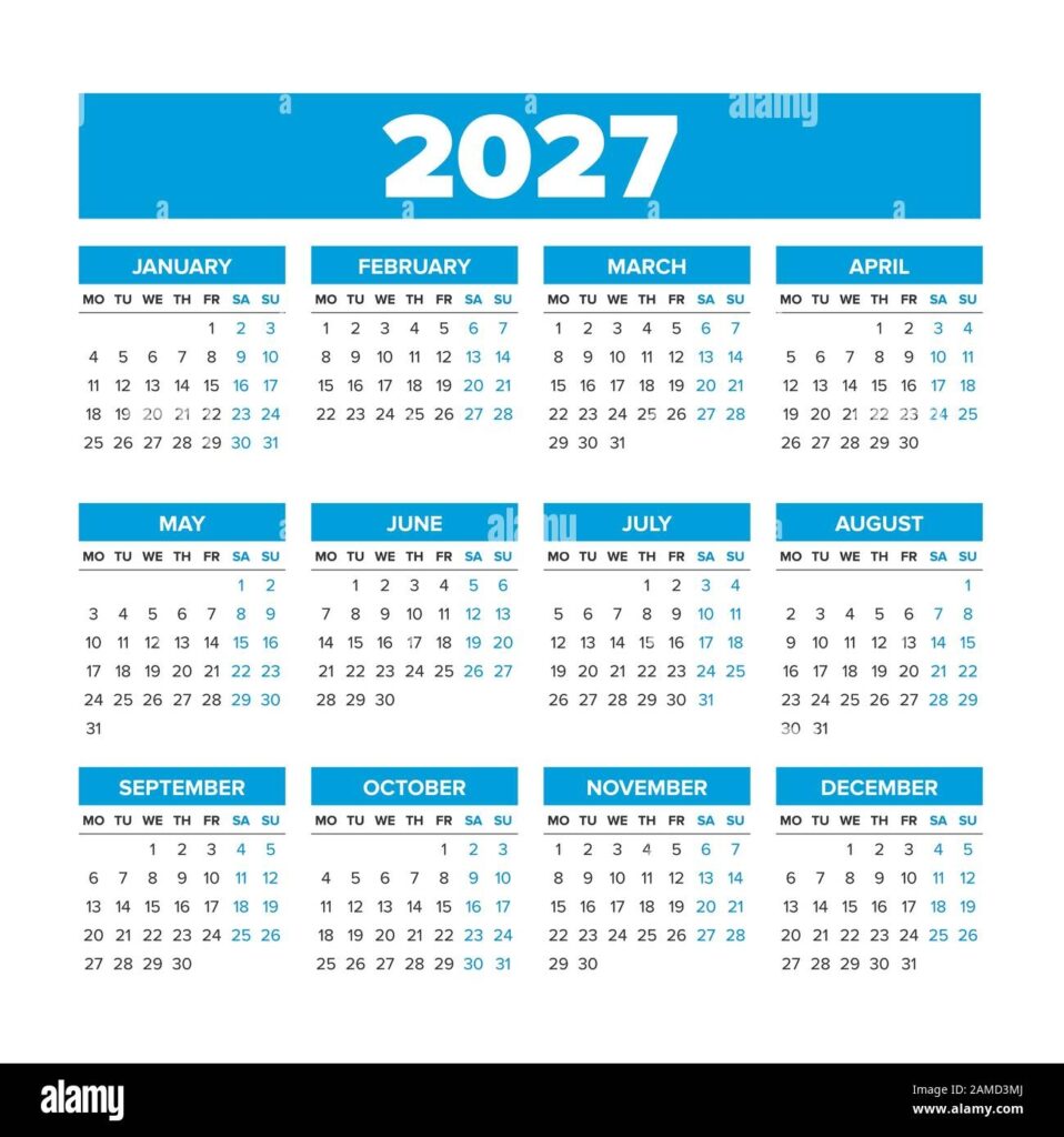 Simple Vector Calendar 2027 Weeks Start On Monday Stock Vector Image 