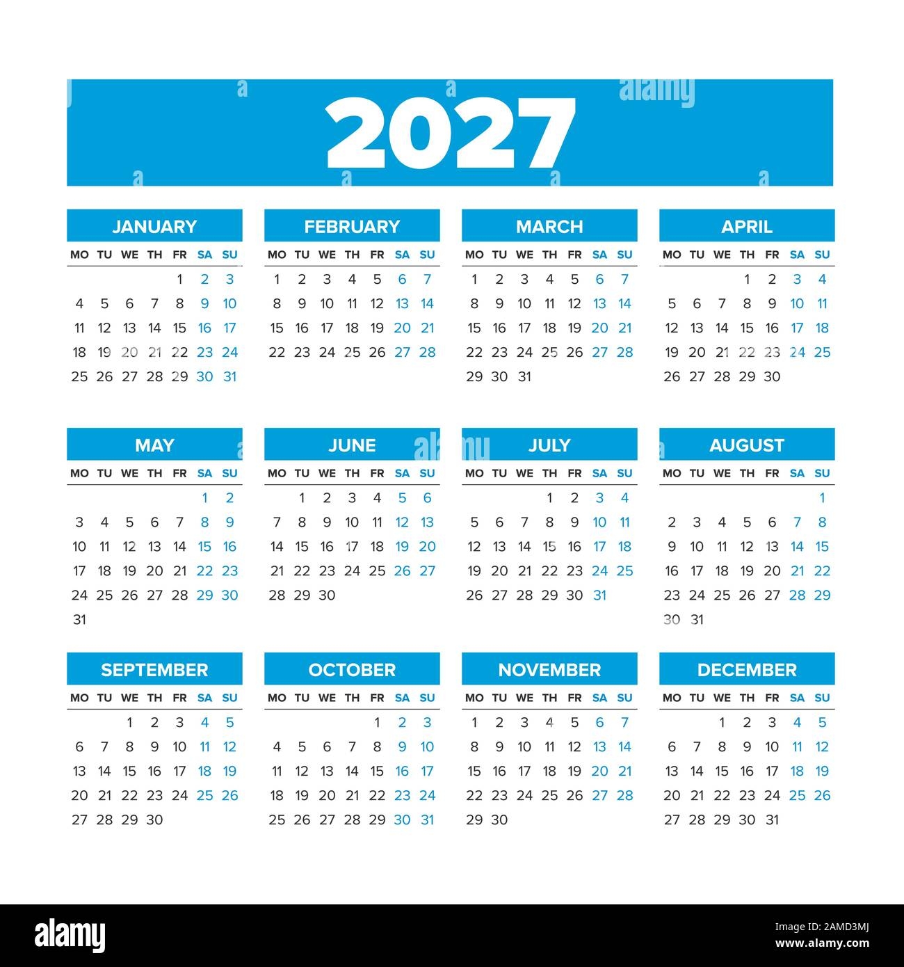 Simple Vector Calendar 2027 Weeks Start On Monday Stock Vector Image