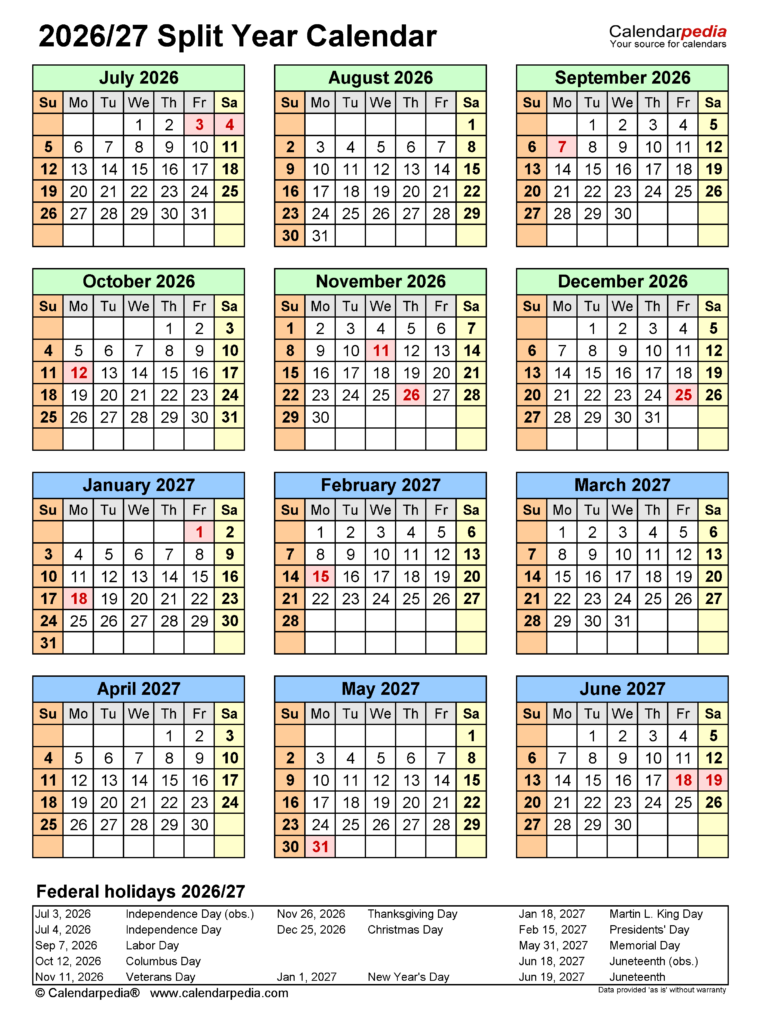 Split Year Calendars 2026 2027 July To June PDF Templates