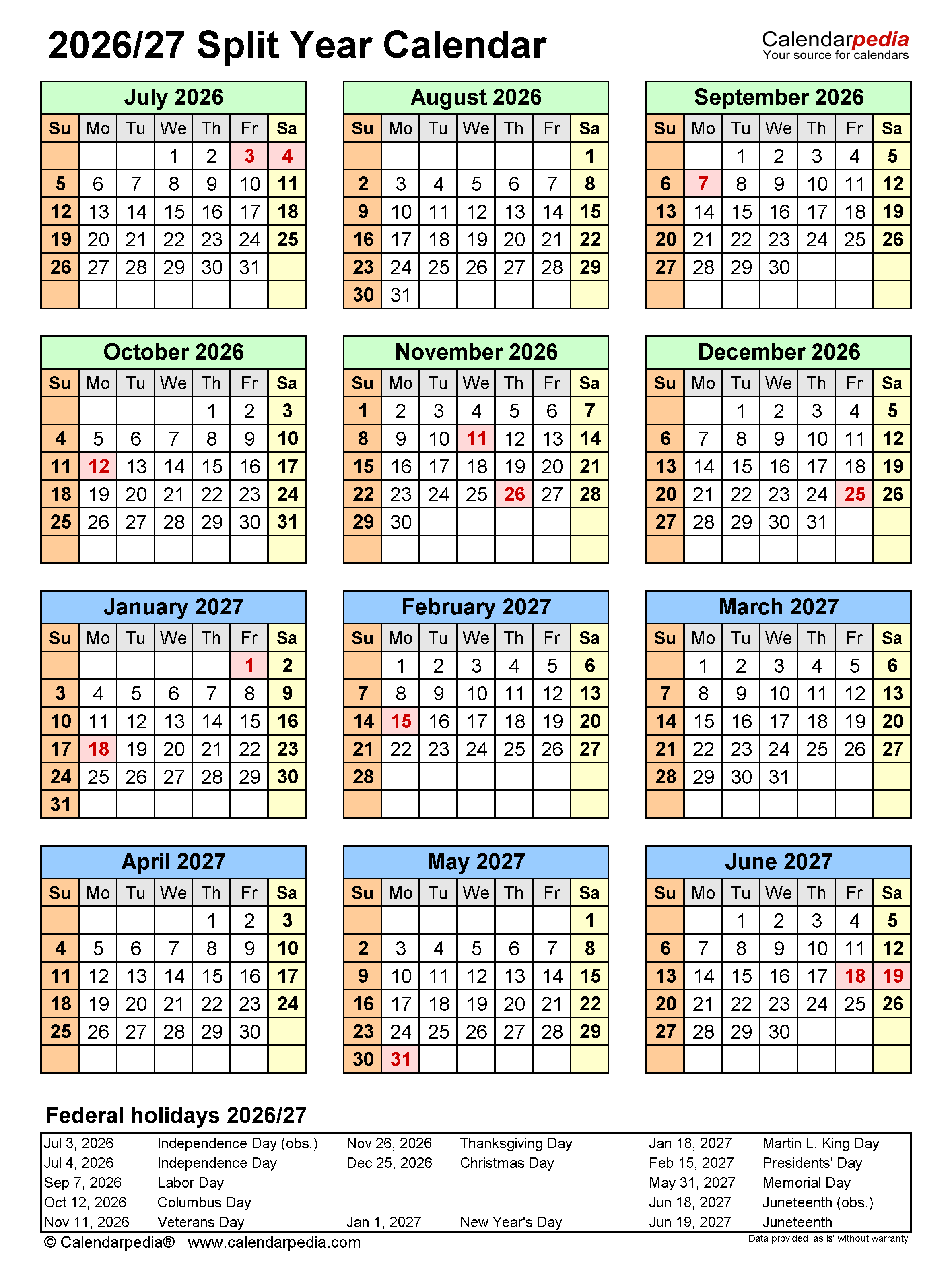 Split Year Calendars 2026 2027 July To June PDF Templates