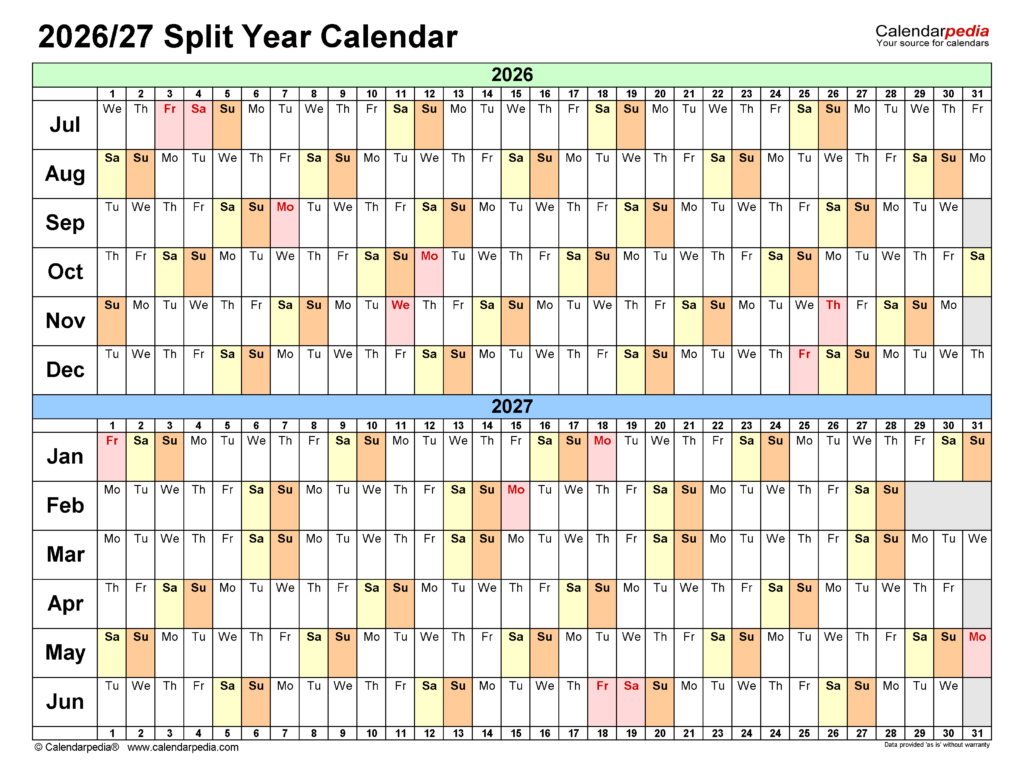 Split Year Calendars 2026 2027 July To June PDF Templates