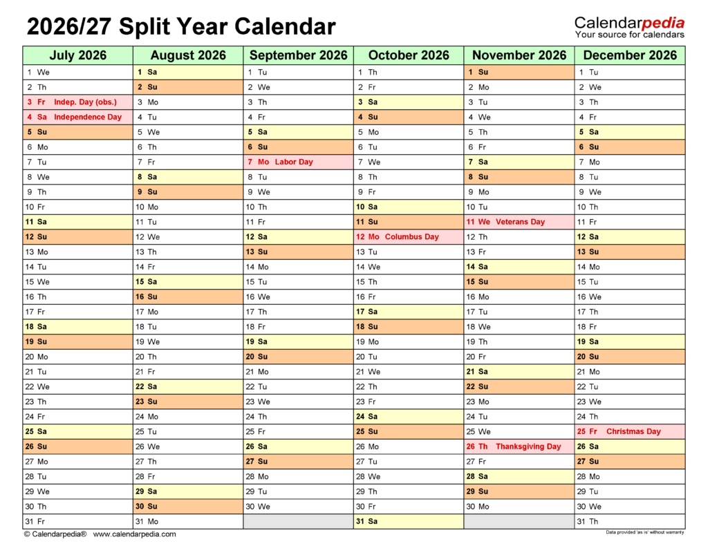 Split Year Calendars 2026 2027 July To June Word Templates