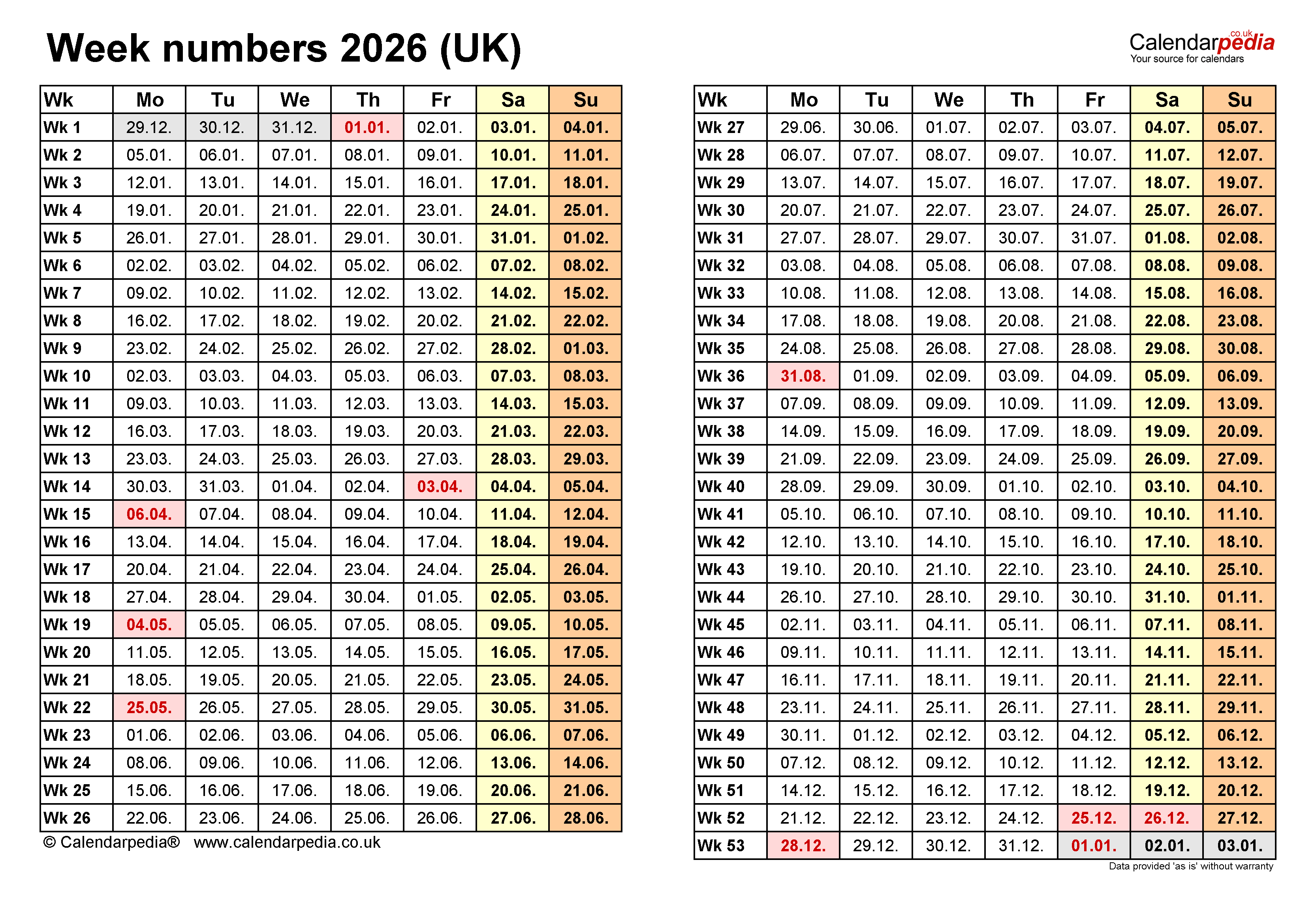 Week Numbers 2026 With Excel Word And PDF Templates