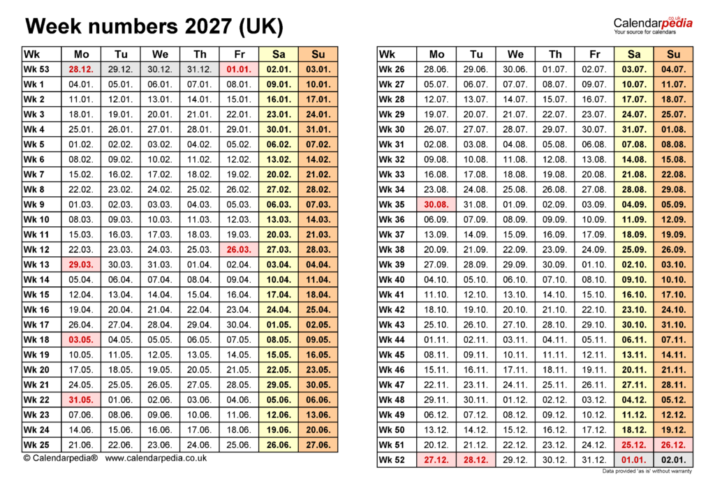 2027 Calendar With Week Numbers Excel Free Printable Calendar