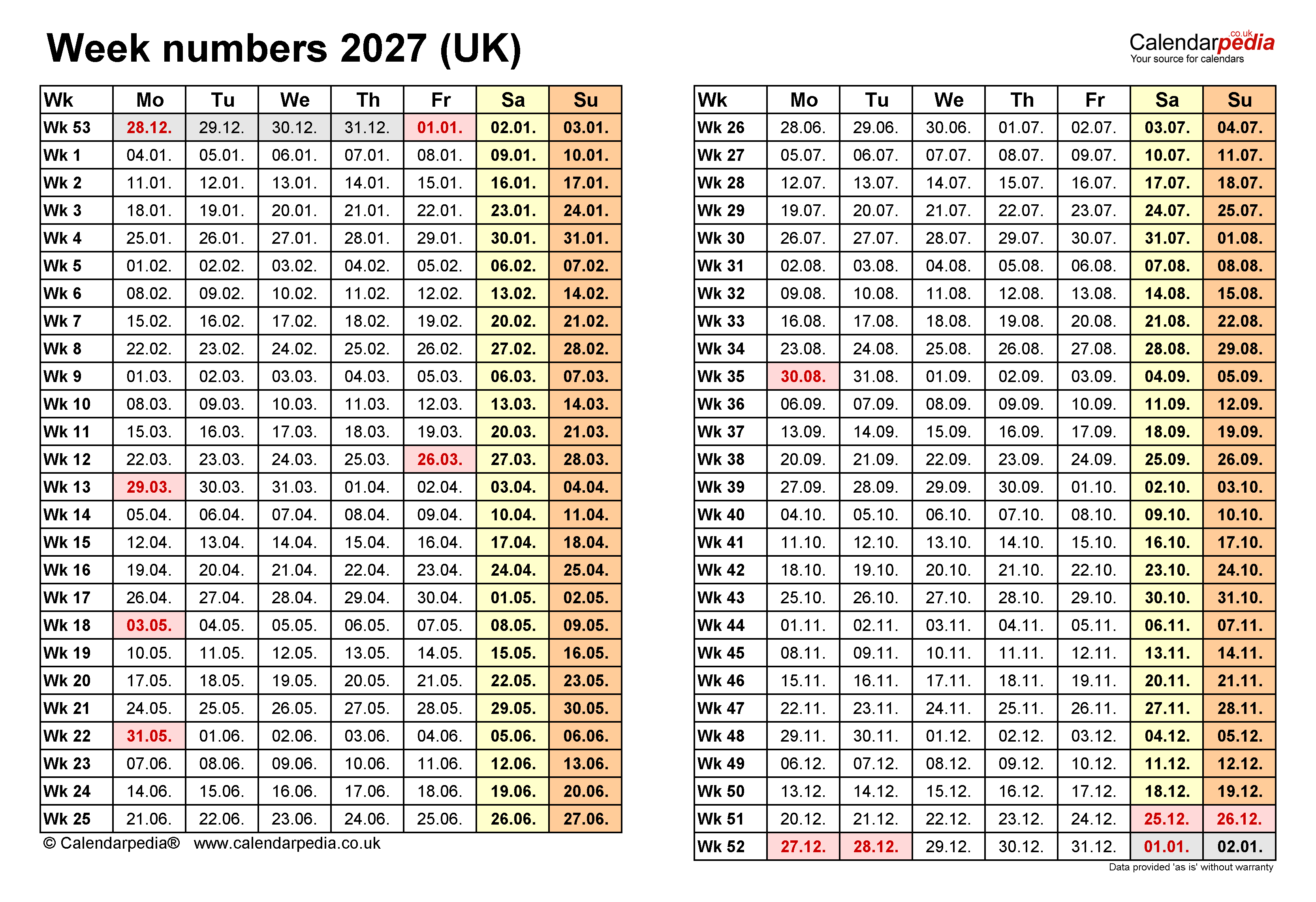 Week Numbers 2027 With Excel Word And PDF Templates