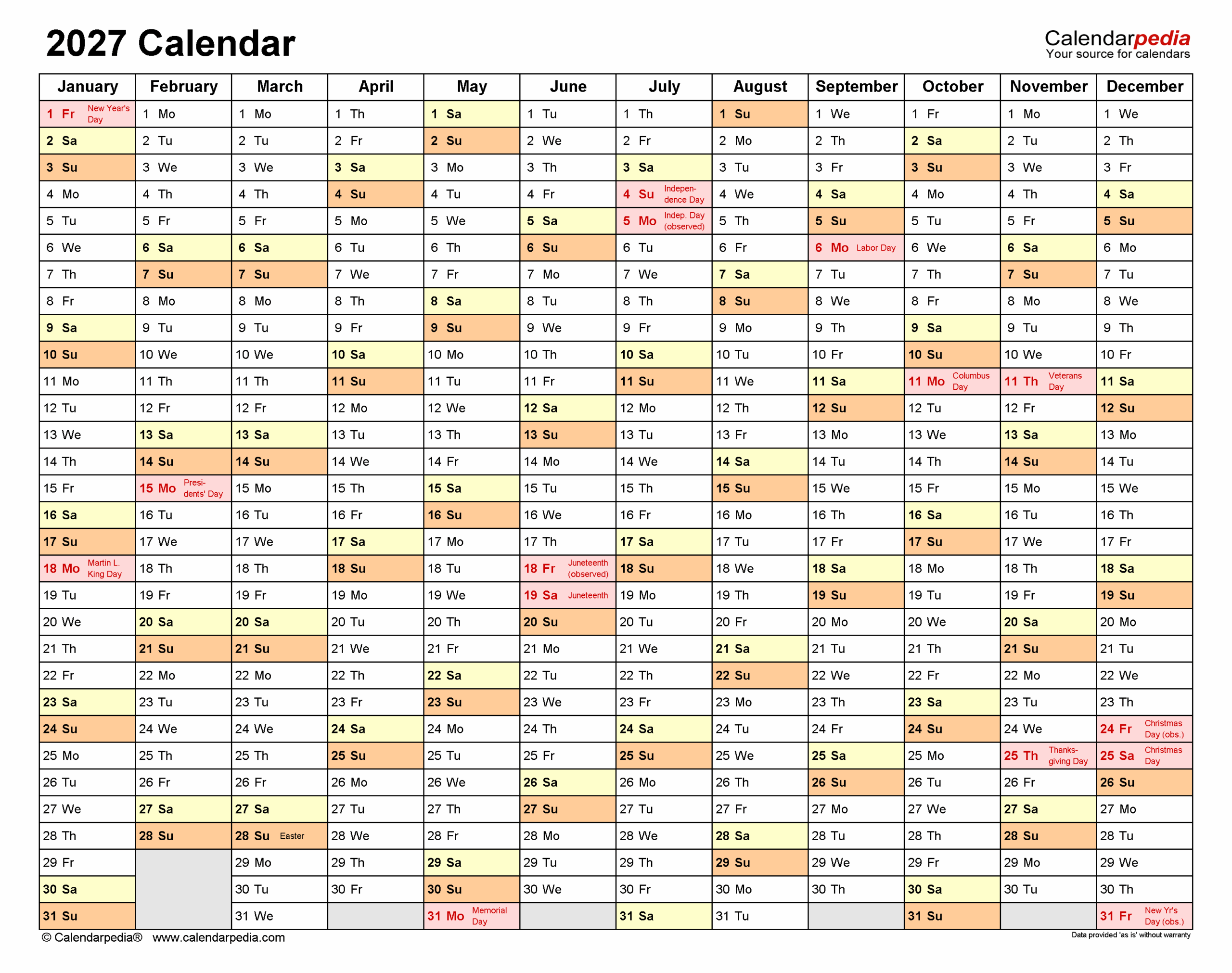 2027 Calendar Free Printable PDF Templates Calendarpedia