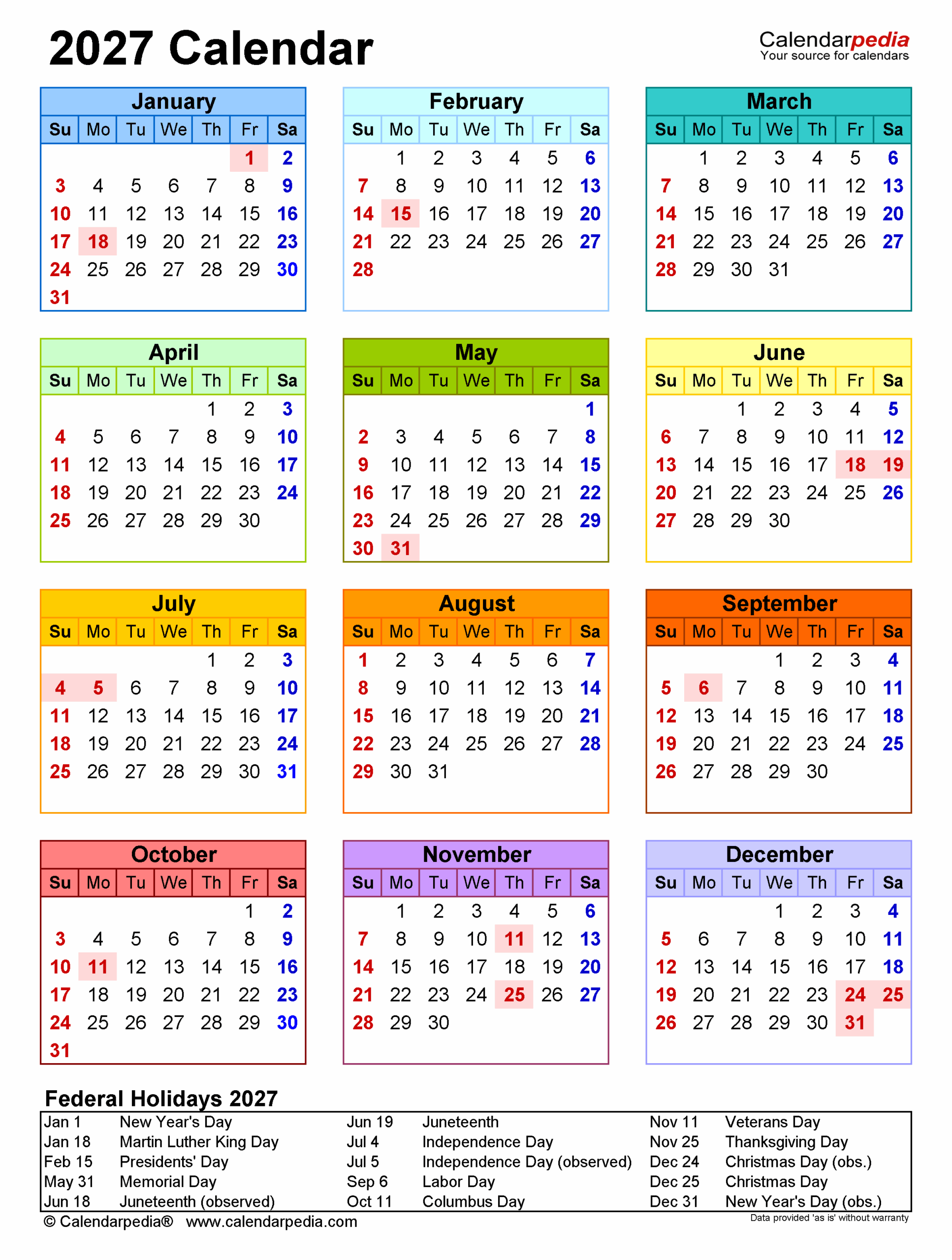2027 Calendar Free Printable Word Templates Calendarpedia