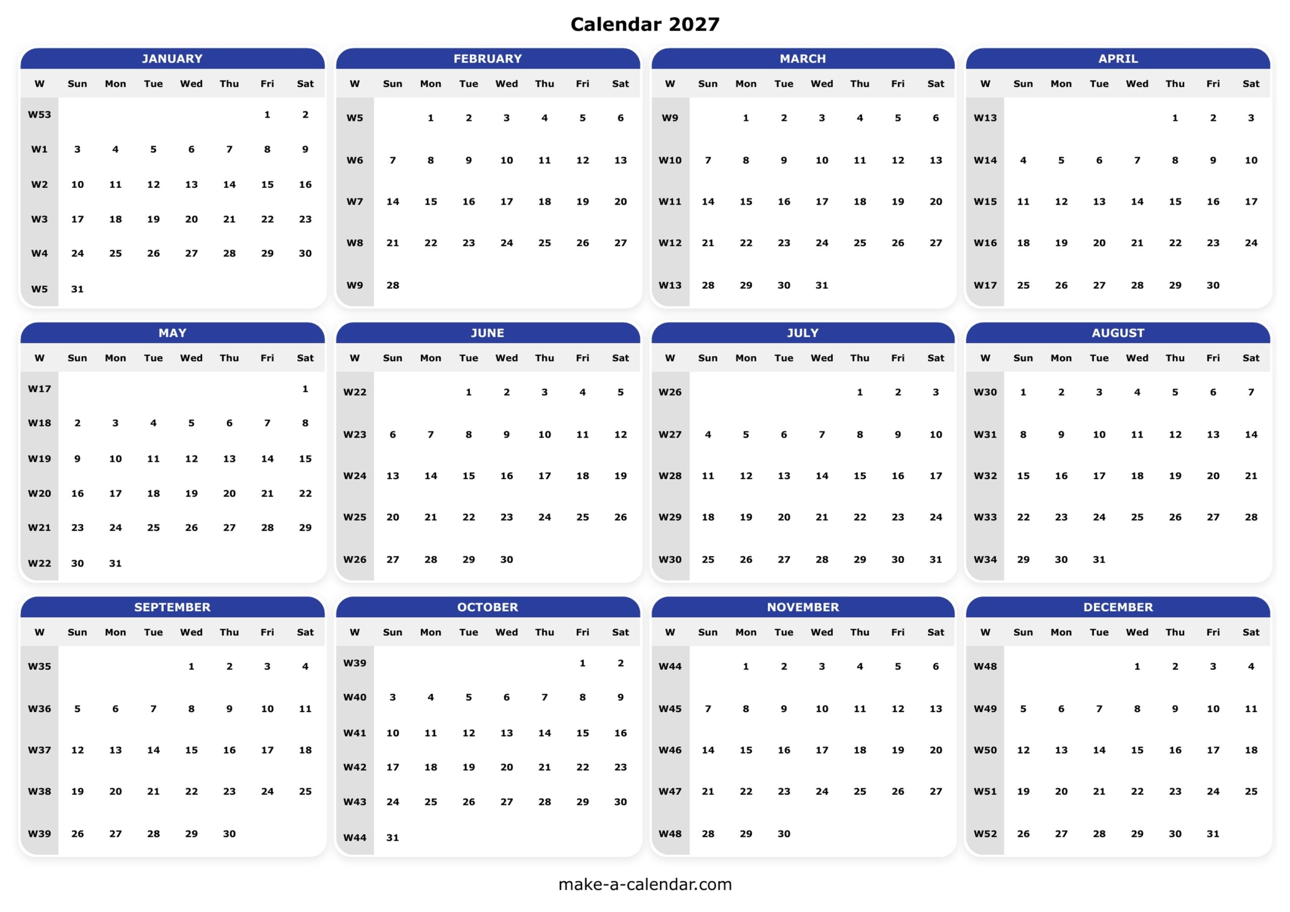 2027 Calendar Free Yearly Printable 2027 Calendar Free Yearly Printable