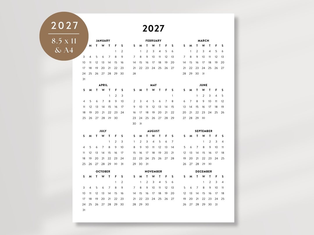 2027 Calendar Printable 2027 Planner 2027 Desk Calendar Letter 8