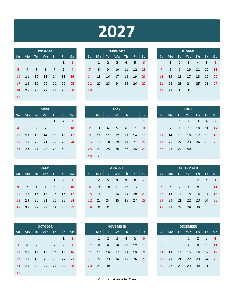 2027 Calendar Printable Word Pdf