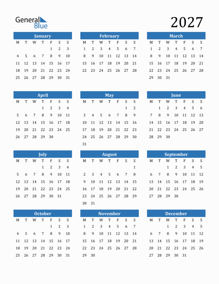 2027 Calendar With Monday Start
