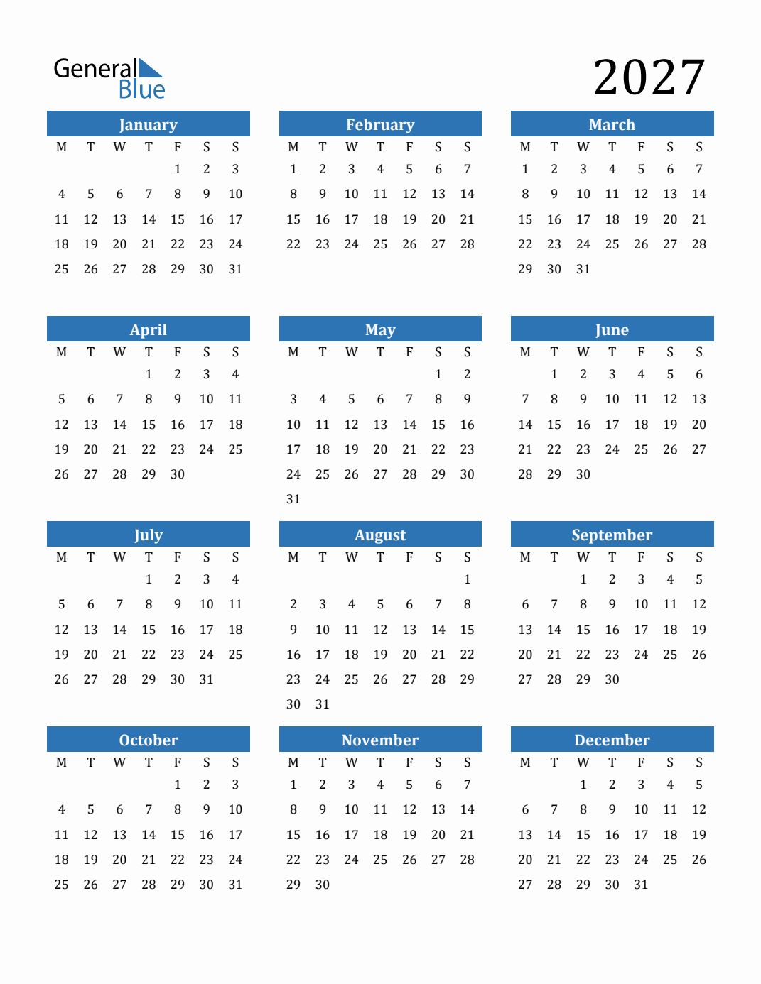 2027 Calendar With Monday Start