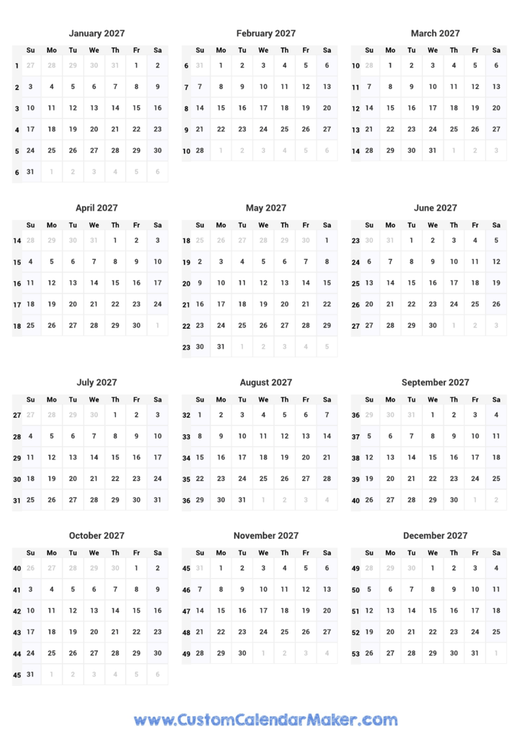 2027 Calendar With Week Numbers Custom Calendar Maker