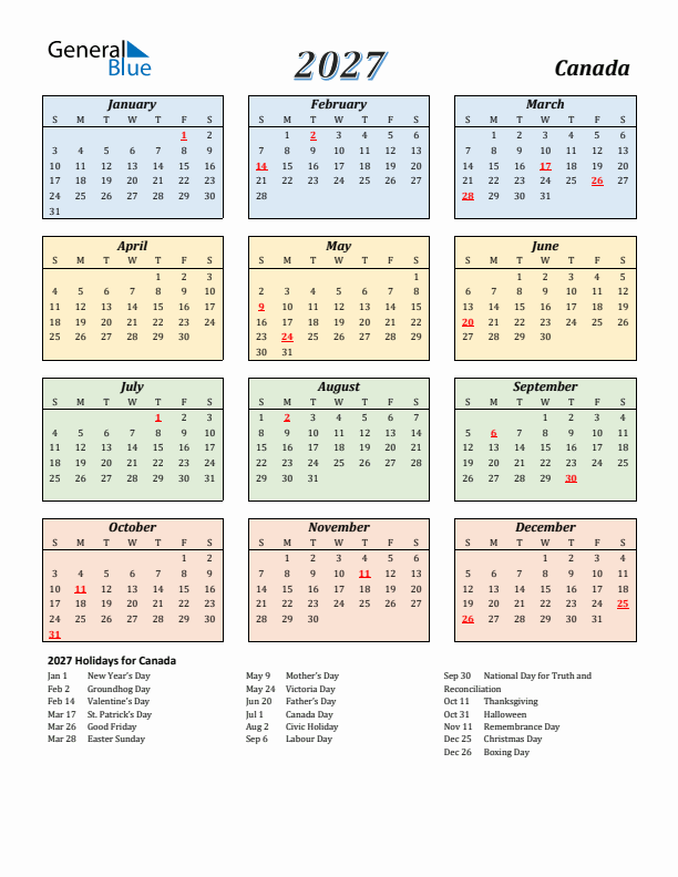2027 Canada Calendar With Holidays