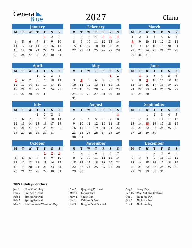 2027 China Calendar With Holidays