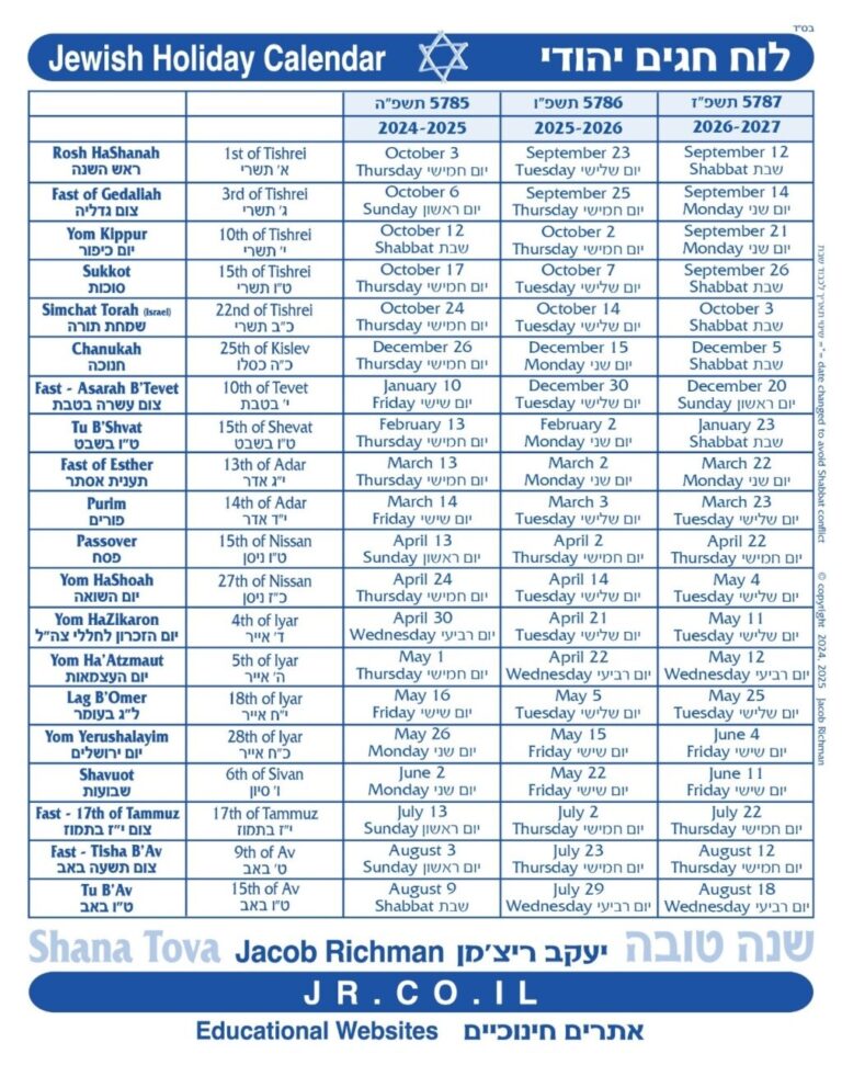 2027 Jewish Holiday Calendar Free Printable Calendar