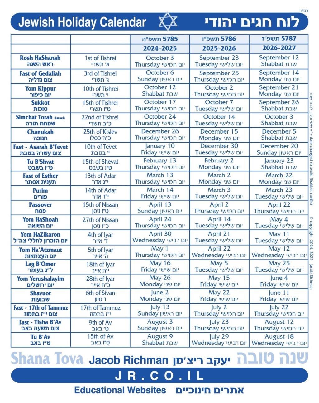 2027 Jewish Holiday Calendar Free Printable Calendar