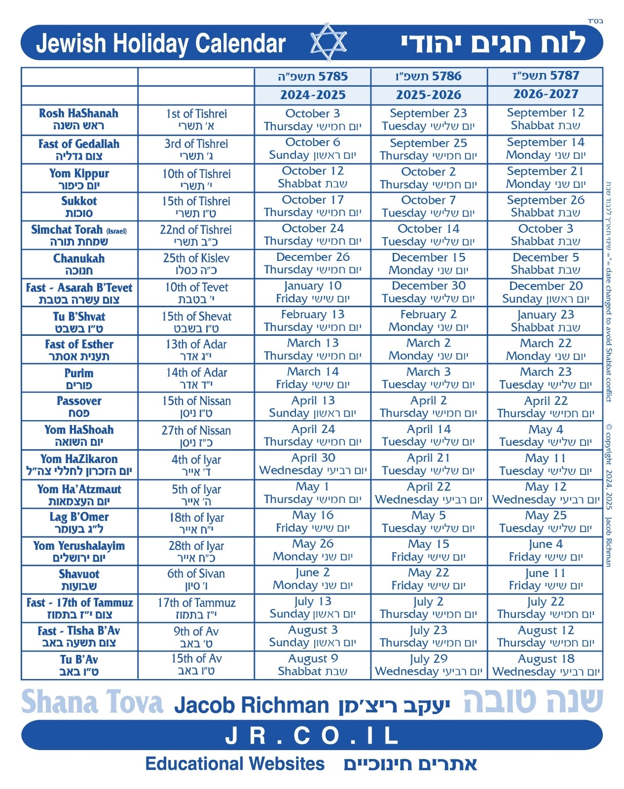 2027 Jewish Holiday Calendar Free Printable Calendar