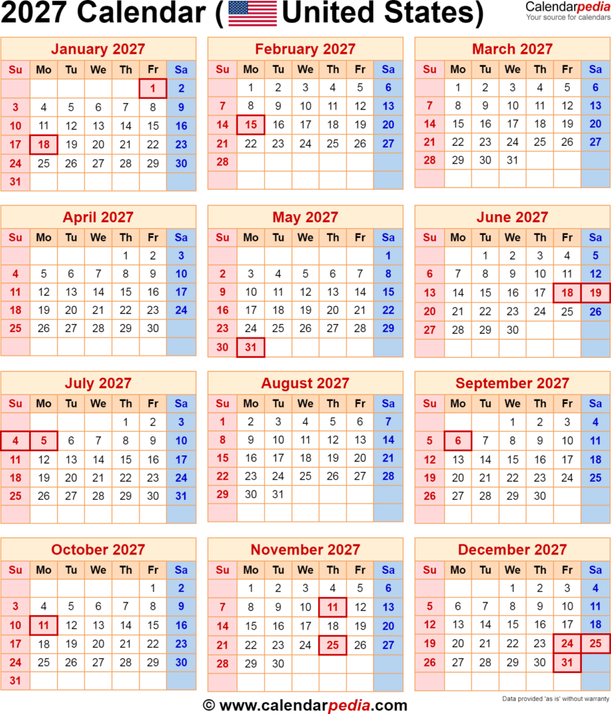 2027 Printable Calendar With Holidays Free Printable Calendar