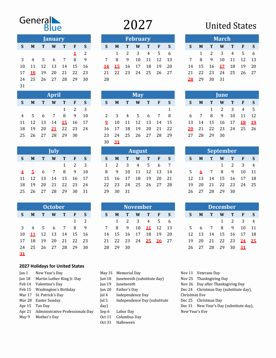 2027 Printable Calendar With United States Holidays 2027 Printable Calendar With United States Holidays