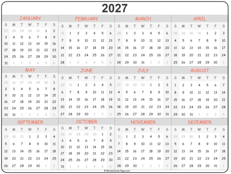 2027 Year At A Glance Calendar Printable Calendar sorteasport