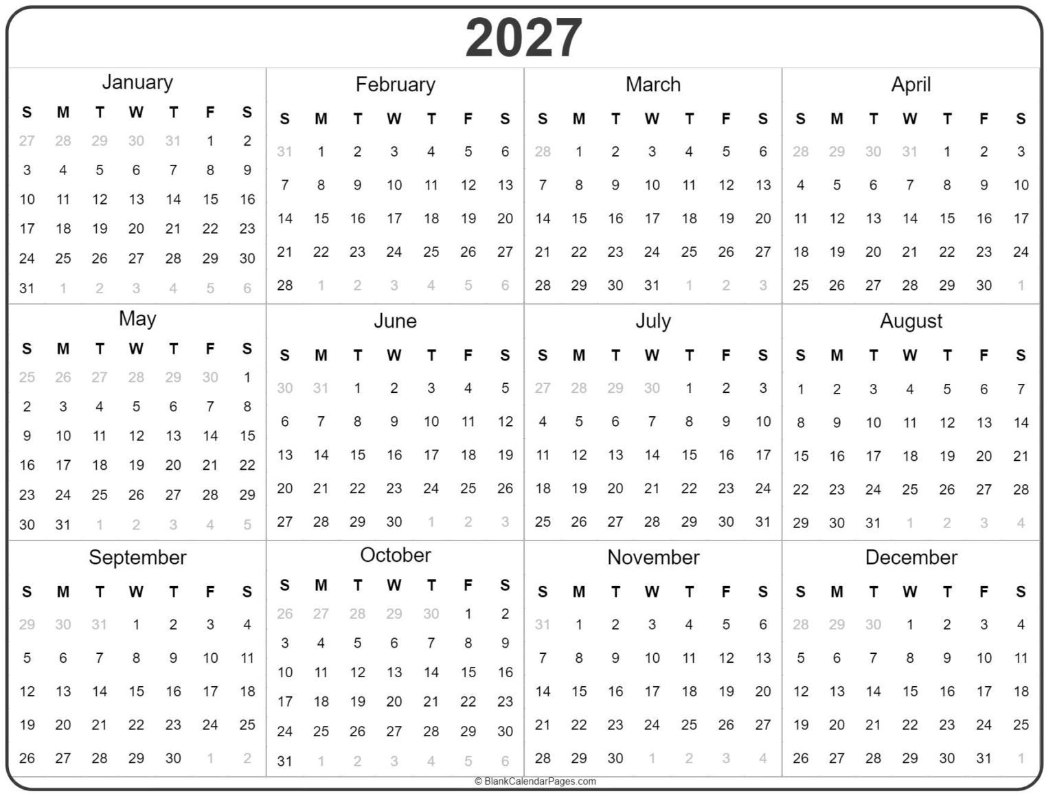 Free Printable 2027 Yearly Calendar Printable: Plan Your Year Ahead ...