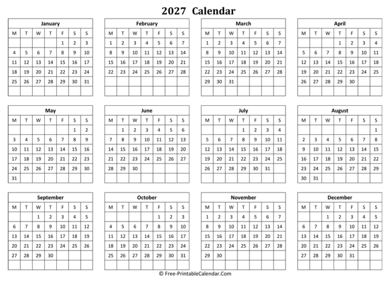 2027 Yearly Calendar In Excel PDF And Word