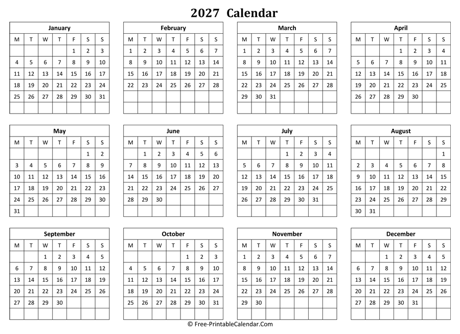 2027 Yearly Calendar In Excel PDF And Word