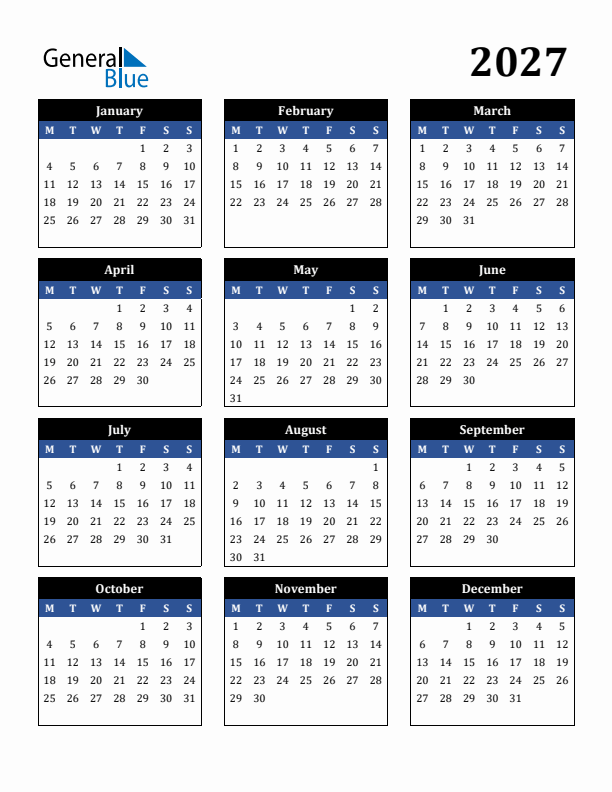 2027 Yearly Calendar Templates With Monday Start