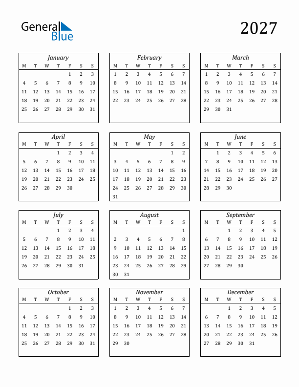 2027 Yearly Calendar Templates With Monday Start 2027 Yearly Calendar Templates With Monday Start