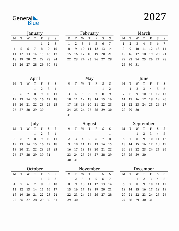 2027 Yearly Calendar Templates With Monday Start 2027 Yearly Calendar Templates With Monday Start