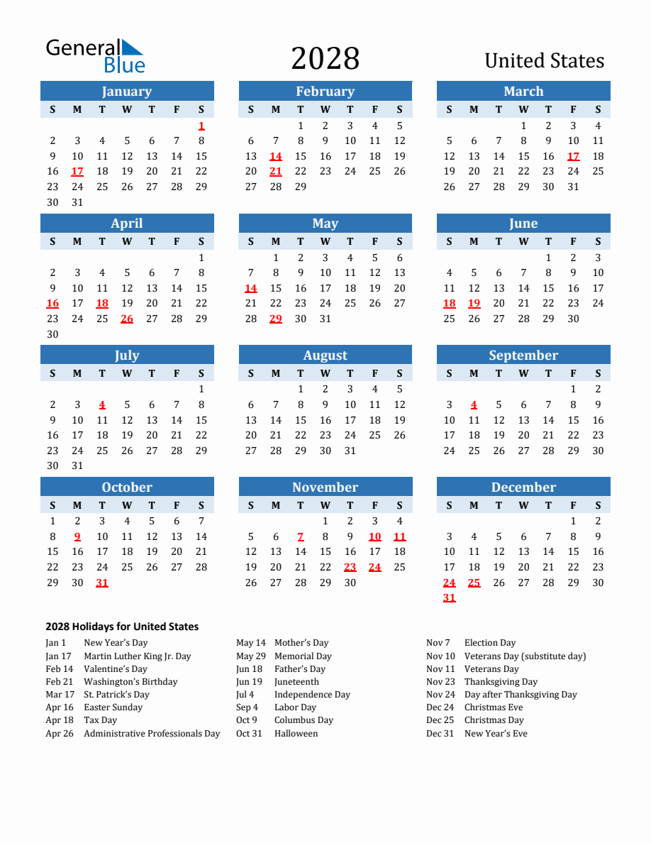 2028 Printable Calendar With United States Holidays 2028 Printable Calendar With United States Holidays