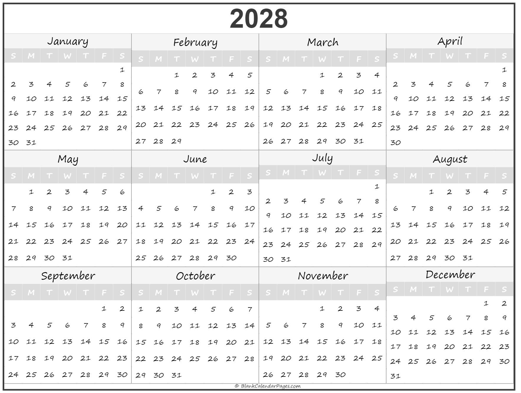 2028 Year Calendar Yearly Printable 2028 Year Calendar Yearly Printable
